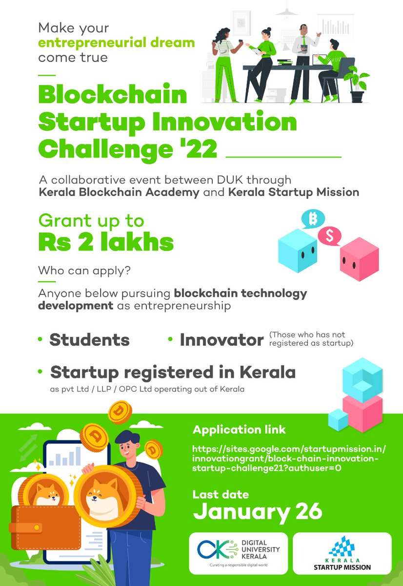 Call for students, innovators, and startups pursuing Blockchain Technology

Apply before 26 Jan 2022 at lnkd.in/gK4VFyuU

<a href="/kbaiiitmk/">Kerala Blockchain Academy</a> <a href="/startup_mission/">Kerala Startup Mission</a> 

#blockchain #blockchaintechnology #entrepreneur #startups #innovation #InnovationChallenge #digitaltransformation