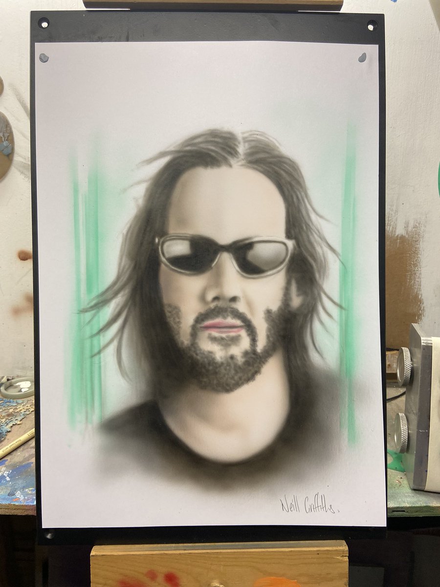 anyhingAirbrush's tweet photo. Finished off my painting of #KeanuReeves from #TheMatrixResurrections . Up for sale if anyone is interested. #art #portrait #airbrush #movie #actor https://t.co/p060RVvumd