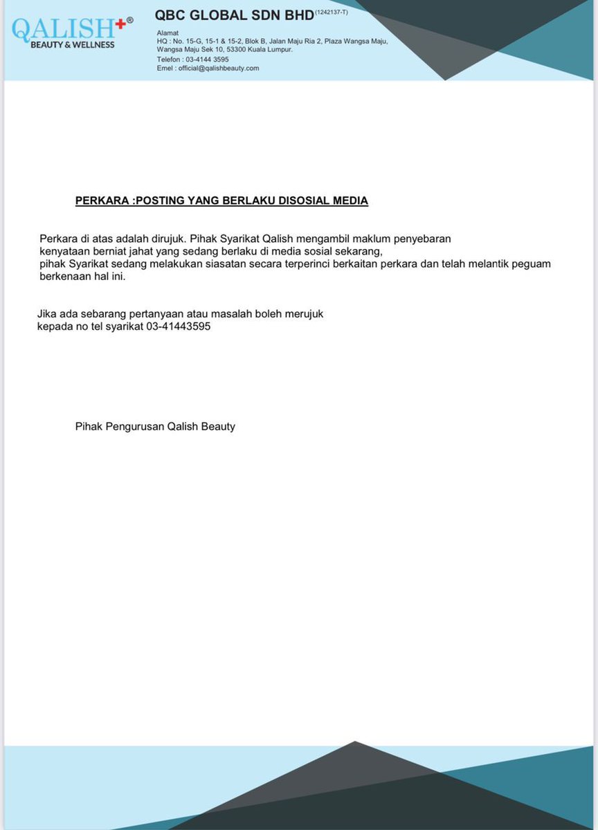 ProfixMalaysia's tweet photo. Kenyataan dari pihak Qalish berkenaan posting yang berlaku di social media . 

Harap maklum https://t.co/CUmBy6531m