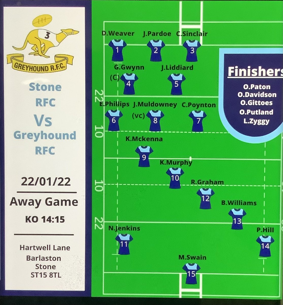 Today we make the long trip Staffordshire
🆚 <a href="/StoneRugby/">Stone Rugby</a> 
🏆 Midlands 5 West 
🏟️ Hartwell Lane, Barlaston, Stone, ST15 8TL
🕰️2:15pm 
<a href="/TheDMLab/">The DM Lab</a> <a href="/WeAreVenturous/">Hereford Activities</a>
<a href="/YourHereford1/">Your Herefordshire</a> <a href="/herefordtimes/">Hereford Times</a> @FootieInAction 
<a href="/NorthMidsRFU/">North Midlands RFU</a> #wholetthedogsout #Rugby