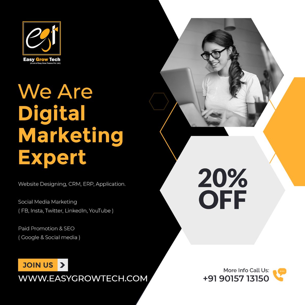 EasyGrowTech1's tweet photo. A digital marketing specialist is a professional with a diverse set of skills, responsible for the online promotion of a website, using all available digital marketing channels.
Special Offer 20% Off.
Hurry Up!!
@easygrowtech
+91-90157 13150
https://t.co/NwdLVfxJN2
#easygrowtech https://t.co/gaEtlioZZZ
