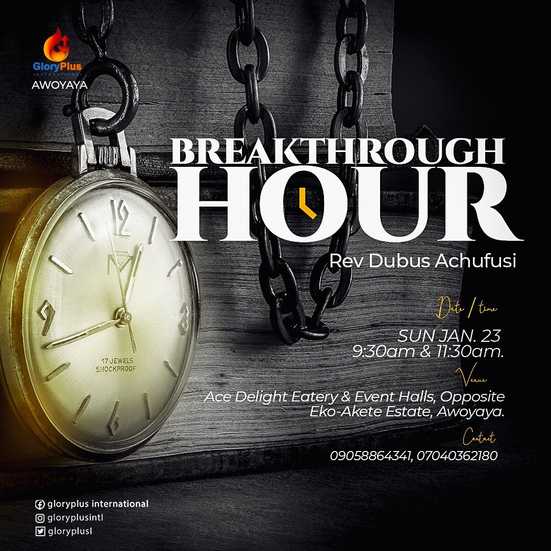gloryplusisland's tweet photo. We can’t wait to welcome you to GloryPlus AWOYAYA this Sunday. 

It’s #Breakthrough Hour with God’s Servant @revdubus . Testimonies are already rolling in. 2022 is gonna be an amazing year. 

Time: 9:30am-11:30am &amp; 11:30am-1:30pm 

#21daysprayerandfasting https://t.co/bnNoWgoB49