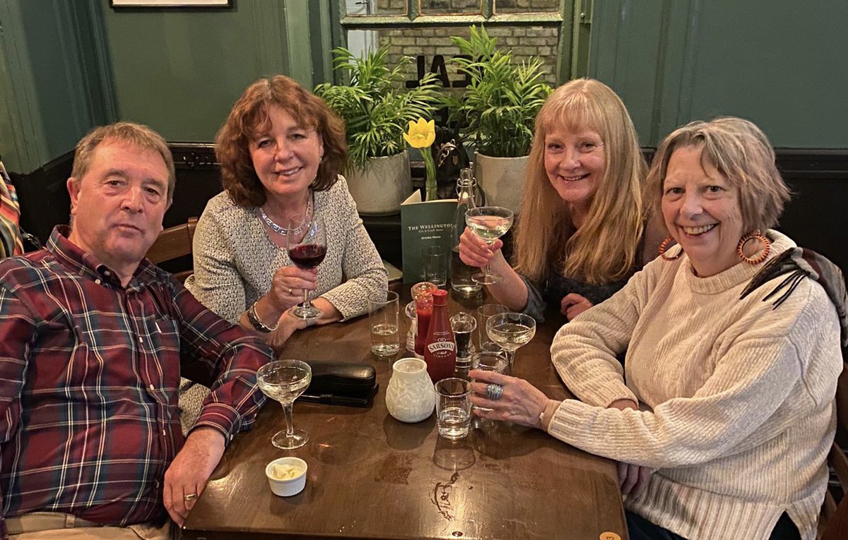 JudithDenwood's tweet photo. As very lovely evening out at the best #London gastropub. Warm and friendly. Welcoming and tasty @TheWellington6 ❤️ my self cut fringe is leaving quite a lot to be desired but we ain’t bovvered 😁 #Friends #Fridays #PHOTOS https://t.co/7eEPu7AaXT