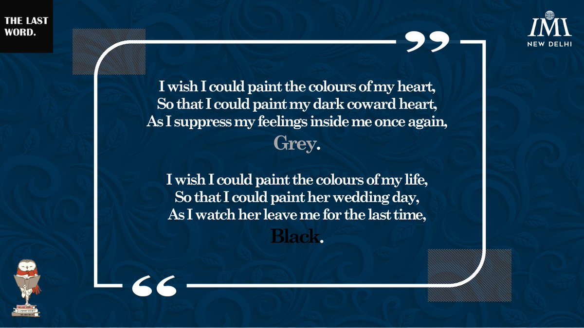 TheLastWordIMI's tweet photo. It's human to cover your scars, it's poet to mend them together and tell a story. 

#MightyScribes #Poet #Poem #PoetsOfInstagram #Colours #Art #Literature #Creativity #Red #Black #Expression #TheLastWord #IMINewDelhi #LifeAtIMI https://t.co/Tu8OuNKfXx