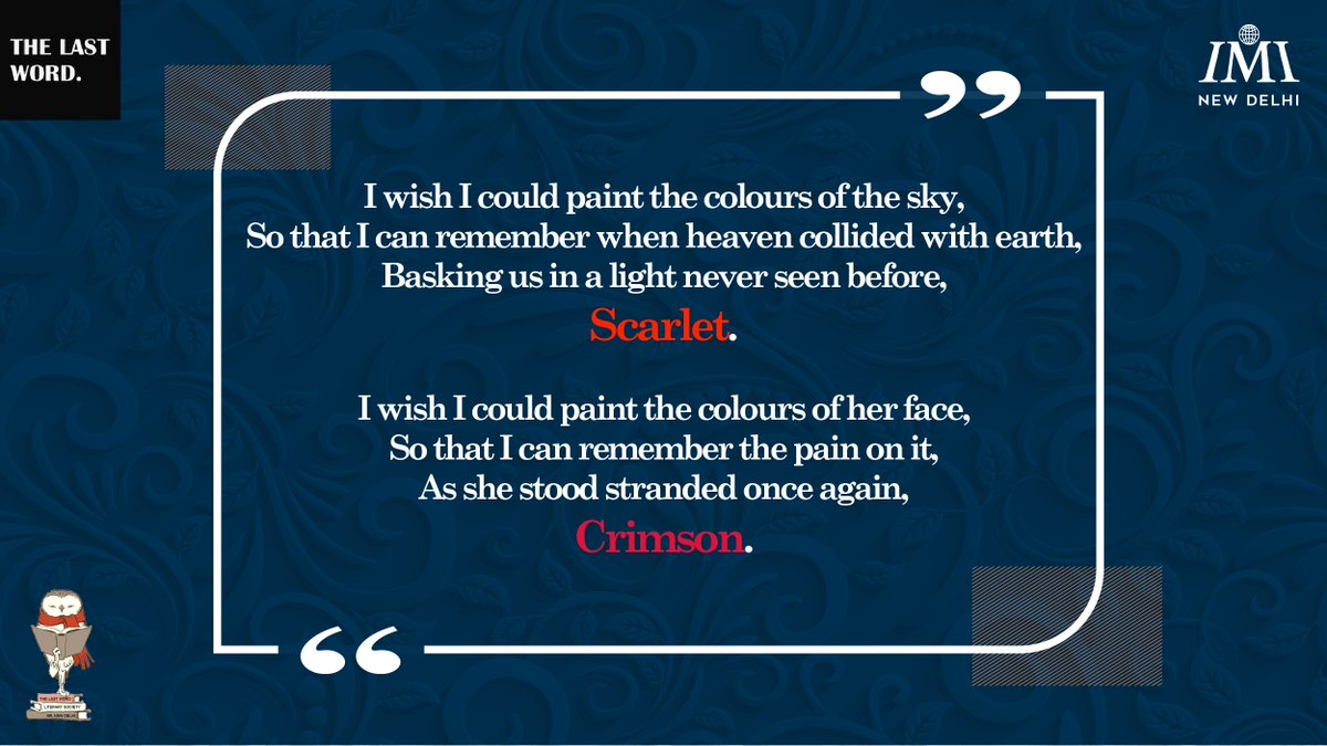 TheLastWordIMI's tweet photo. It's human to cover your scars, it's poet to mend them together and tell a story. 

#MightyScribes #Poet #Poem #PoetsOfInstagram #Colours #Art #Literature #Creativity #Red #Black #Expression #TheLastWord #IMINewDelhi #LifeAtIMI https://t.co/Tu8OuNKfXx
