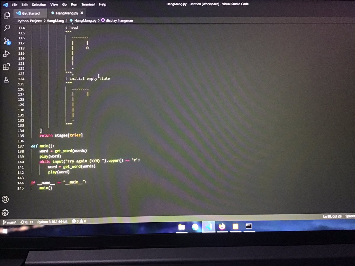kc_shivendra's tweet photo. Day 7 to 11 — Built a HangMan game using python with the help of video by kite in youtube. It’s a very good practice.   #100DaysOfCode https://t.co/K48cxVomrN