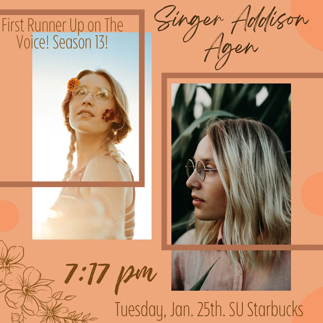 uaRHPB's tweet photo. Introducing our first 7:17 of the semester, Singer Addison Agen! This is a performance you won’t wanna miss. Addison is a singer-songwriter who is Season 13’s first runner up on NBC’s The Voice! Get ready for a great night of music! First 100 people get free coffee or tea! https://t.co/pAB43viK0V