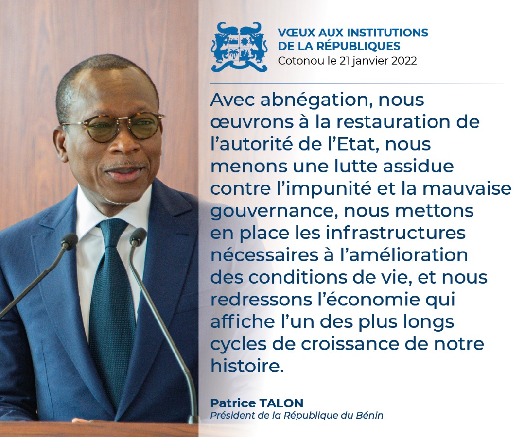 PresidenceBenin's tweet photo. #DiscoursPrBenin #Wasexo #VoeuxPrBenin :
Quelques phrases fortes du discours du #Prbenin @PatriceTalonPR, en rĂ©ponse au message de vĆux des Institutions de la RĂ©publique, le vendredi 21 janvier 2022 au Palais de la Marina. https://t.co/WYnqLKbb9i