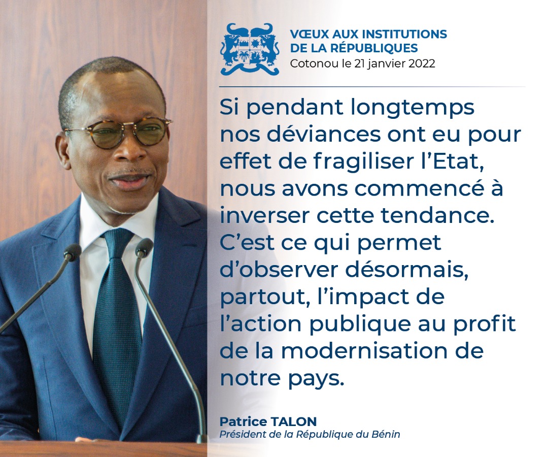 PresidenceBenin's tweet photo. #DiscoursPrBenin #Wasexo #VoeuxPrBenin :
Quelques phrases fortes du discours du #Prbenin @PatriceTalonPR, en rĂ©ponse au message de vĆux des Institutions de la RĂ©publique, le vendredi 21 janvier 2022 au Palais de la Marina. https://t.co/WYnqLKbb9i