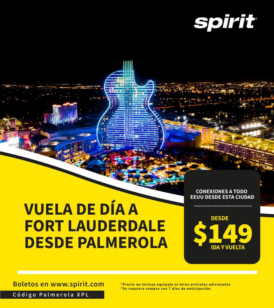 Palmerola sigue ampliando sus conexiones. Desde el 2 de febrero <a href="/SpiritAirlines/">Spirit Airlines</a> inicia vuelos de día a Fort Lauderdale a $149 ida y vuelta.

Vuelos 7 días a la semana conectando todas las ciudades de Estados Unidos.

Boletos en spirit.com
Código XPL de Palmerola