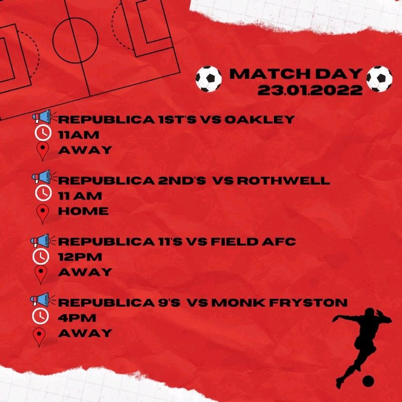 Here are this weekends fixtures! Full house of game's this weekend, which is fabulous.

And no, the Republica 11's kick off is not a mistake, we have got an earlier fixture this weekend and many of us are super glad of the earlier start! 

Good luck all!! ⚽