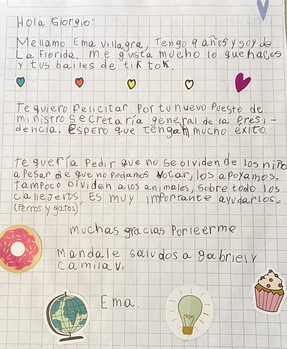 Oye <a href="/GiorgioJackson/">Giorgio Jackson</a> mi sobrina de 9 años te escribió una carta 🥺. Ayúdenme con RT para que la lea 💖