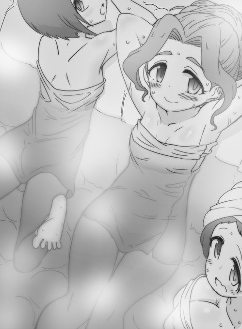 ファンボックスに『温泉旅行に行き露天風呂でくつろぐ日下部若葉さんwith柳瀬美由紀ちゃん大沼くるみちゃん』リクエストが来たので正義の温泉を描きました 