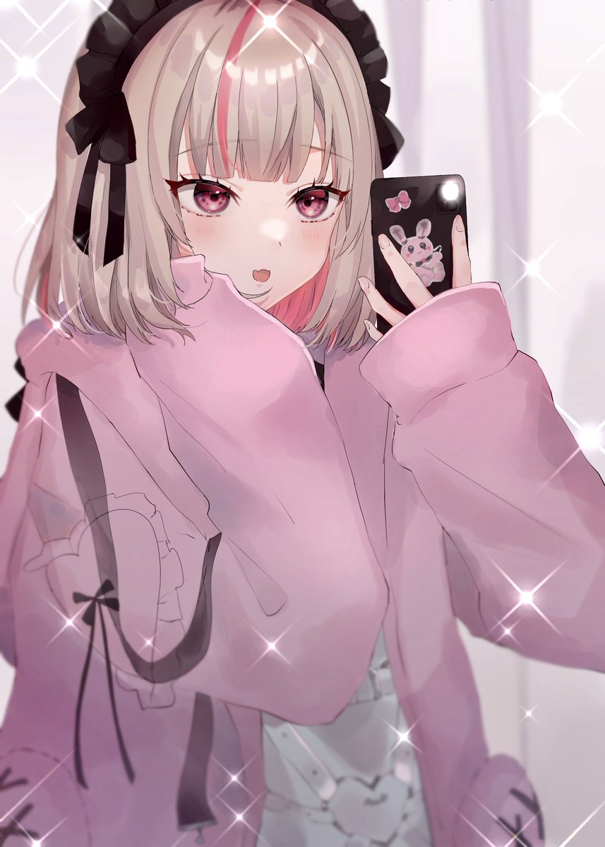 makaino ririmu 1girl solo pink jacket phone streaked hair holding phone cellphone  illustration images