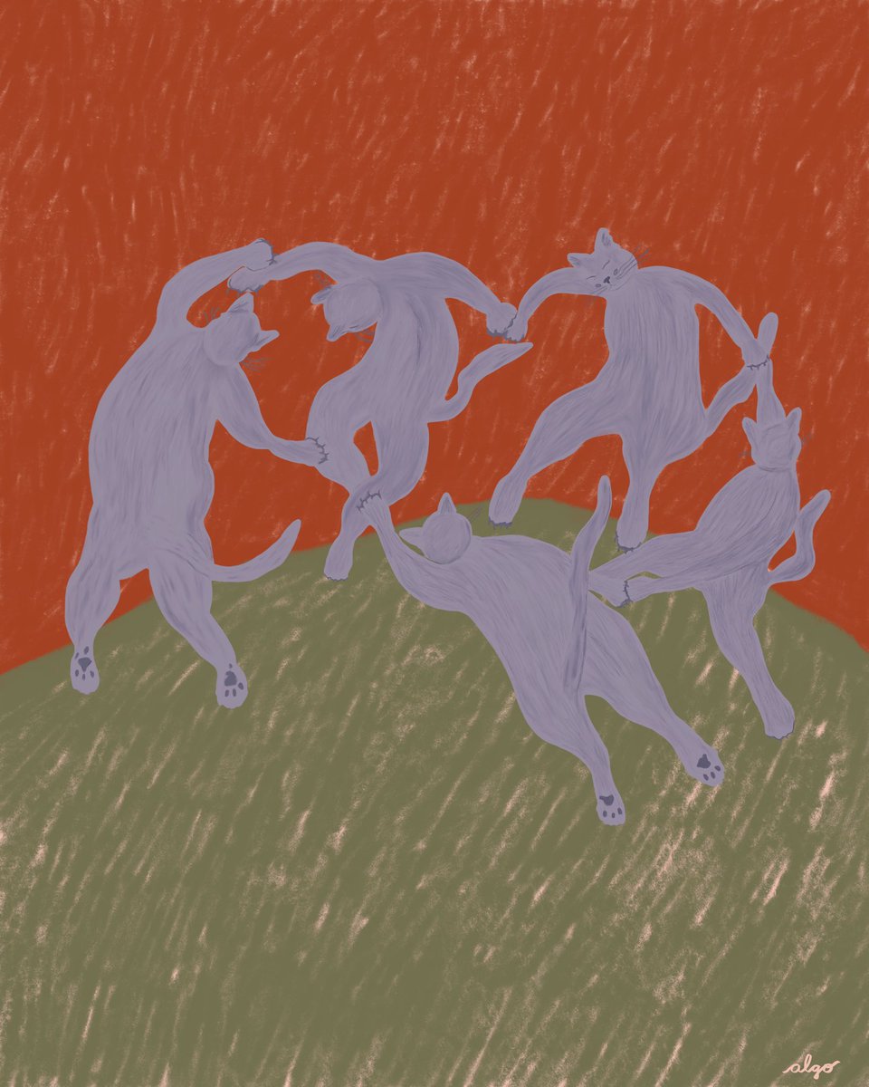 algo7art's tweet photo. Dance me to the end of love🧚🏼‍♀️ Inspired by Matisse and helped by my fluffy assistant Ciot. ✨What color combination do you like most of the 4? 
.
.
#matisse #cats #painting #Fairy #magical #pastels #Dance #modernart #contemporaryart #rhythm #artists #drawing #texture https://t.co/a0nui1acig