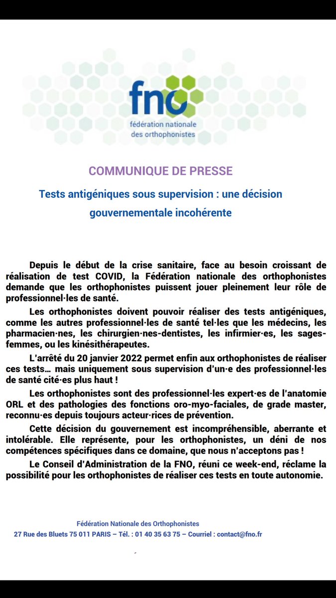orthophonistes's tweet photo. Le Conseil d’Administration de la FNO, réuni ce week-end, réclame la possibilité pour les orthophonistes de réaliser les tests antigéniques en toute autonomie. @Sante_Gouv https://t.co/7yymOpFw3Y