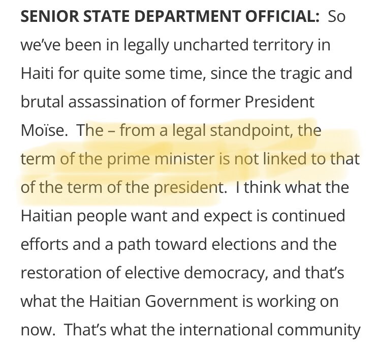 The Biden admin keeps saying it has learned lessons, won’t pick winners, and will allow a “Haitian solution” — but the US just can’t quit playing master. It’s not up to US to determine what is or is not legal or constitutional. Statements like these serve as clear interference.