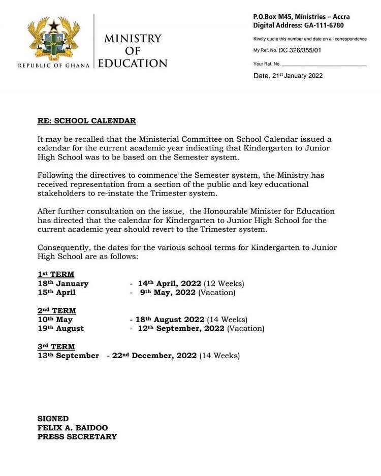 Ghana school calendar release 

#BackToSchool #schoolcalender #ghanaeducation #freeshs #childeducation #ministryofeducation #Ghana #edulifetrustfund #charityorganisation