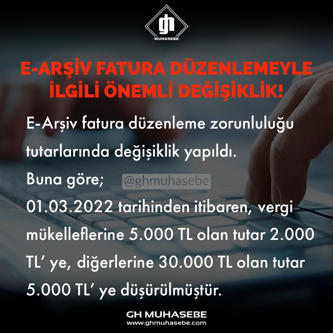 E-Arşiv faturada önemli değişiklik! 
#malimüşavir #smmm #muhasebe #beyanname #işveren #işletme #maliye #vergi #bursa #nilüfer #finans #para #gib #vergidairesi #ekonomi #ekonomist #işsizlik #işkur #işdünyası #gelir #işebaşlama #şirketkurmak #şirket #e-arşiv #fatura
 #üşüyorum