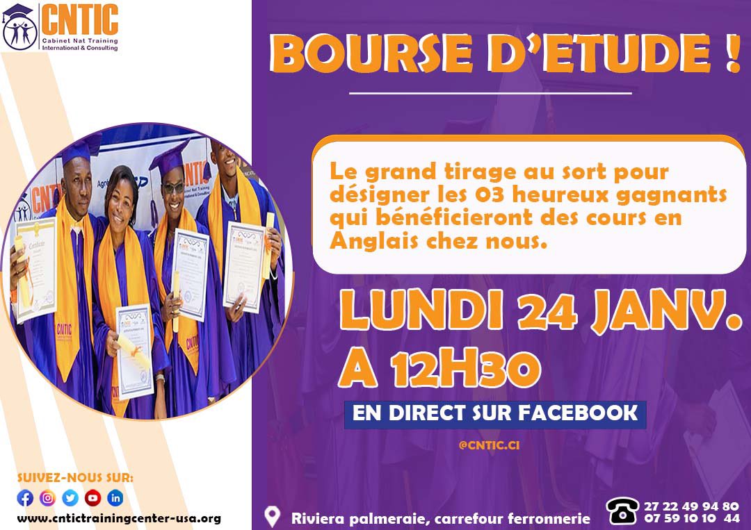 CnticF's tweet photo. 🚨URGENT 
Le grand tirage au sort pour désigner les 03 heureux gagnants qui bénéficieront gratuitement des cours intensifs en Anglais chez nous se tiendra ce lundi 24 Janvier 2022 à 12h30 sur notre page Facebook 👉 https://t.co/sA4O1UQ4eI
#anglaispourtouscntic #astucecntic #cntic https://t.co/HXS5puT0dV