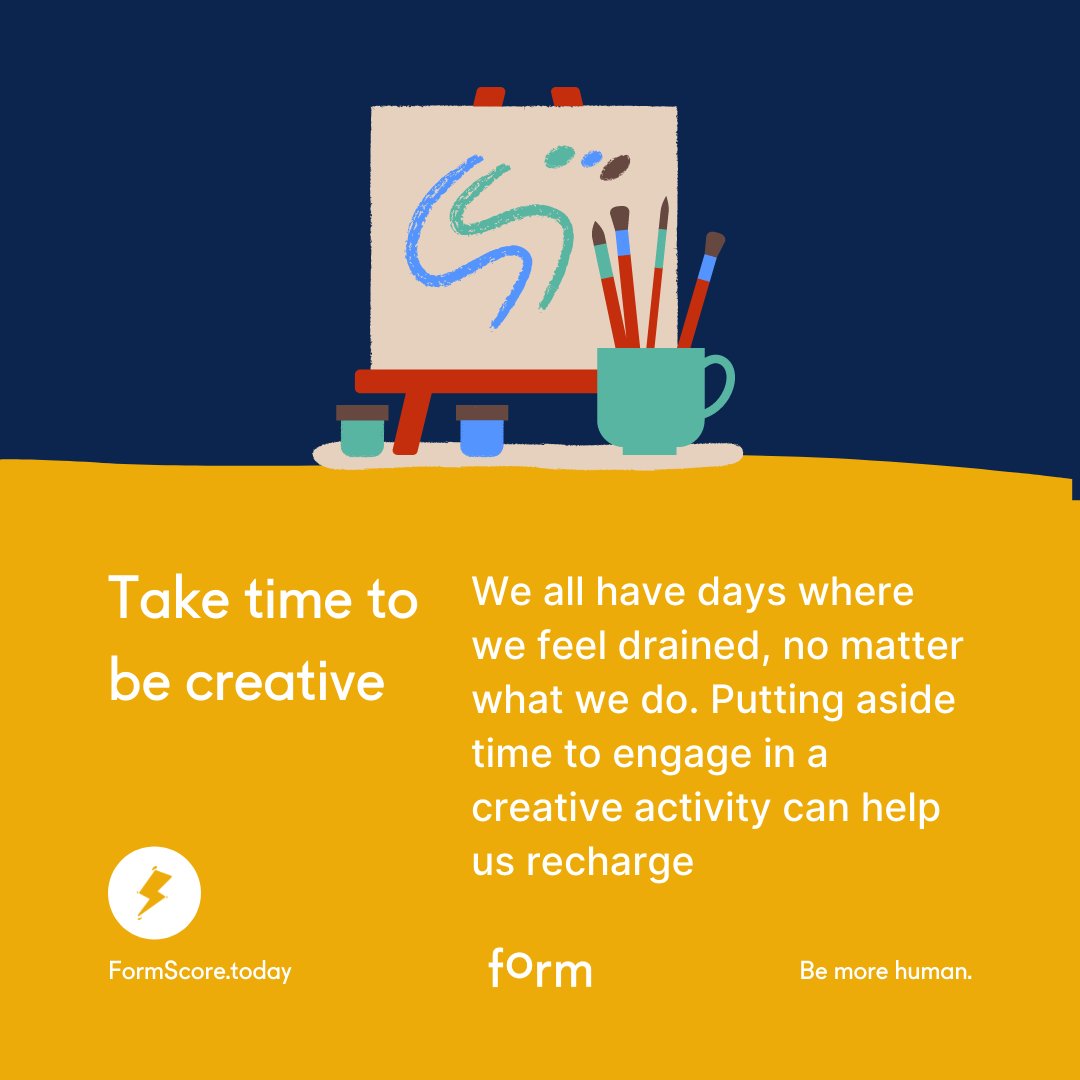 FormScore's tweet image. Recharge your emotional batteries by making time to do something #creative today. Pull out an old sketchbook and do some drawing, or bake something tasty in the kitchen. 

📒 Find out more here: ow.ly/H8lm50HyZXA 
💼 Check out. #FormScore for Teams? ow.ly/pJy550Hz00b
