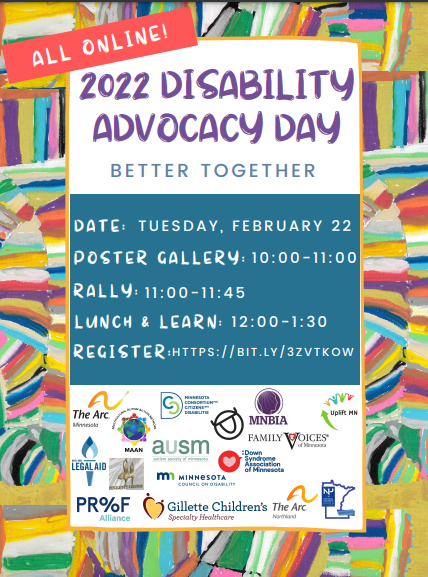 Proof_Alliance's tweet photo. We're #Better2Gether. That's why we're joining local leaders for a virtual disability advocacy day on February 22.
Learn how you can create #systemslevel change during the 2022 #MNLeg & support #Minnesotans impacted by #FASD and other #disabilities.
https://t.co/JYe7D553ZV https://t.co/eGSYYLCCpk