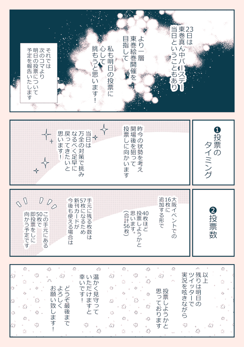 報告が遅くなりましたが、本日までの新刊カードの総数が出ましたのでそのご報告と
明日の投票に関してまとめました!!
ちらっと目を通していただけますとありがたいです!('人`*)