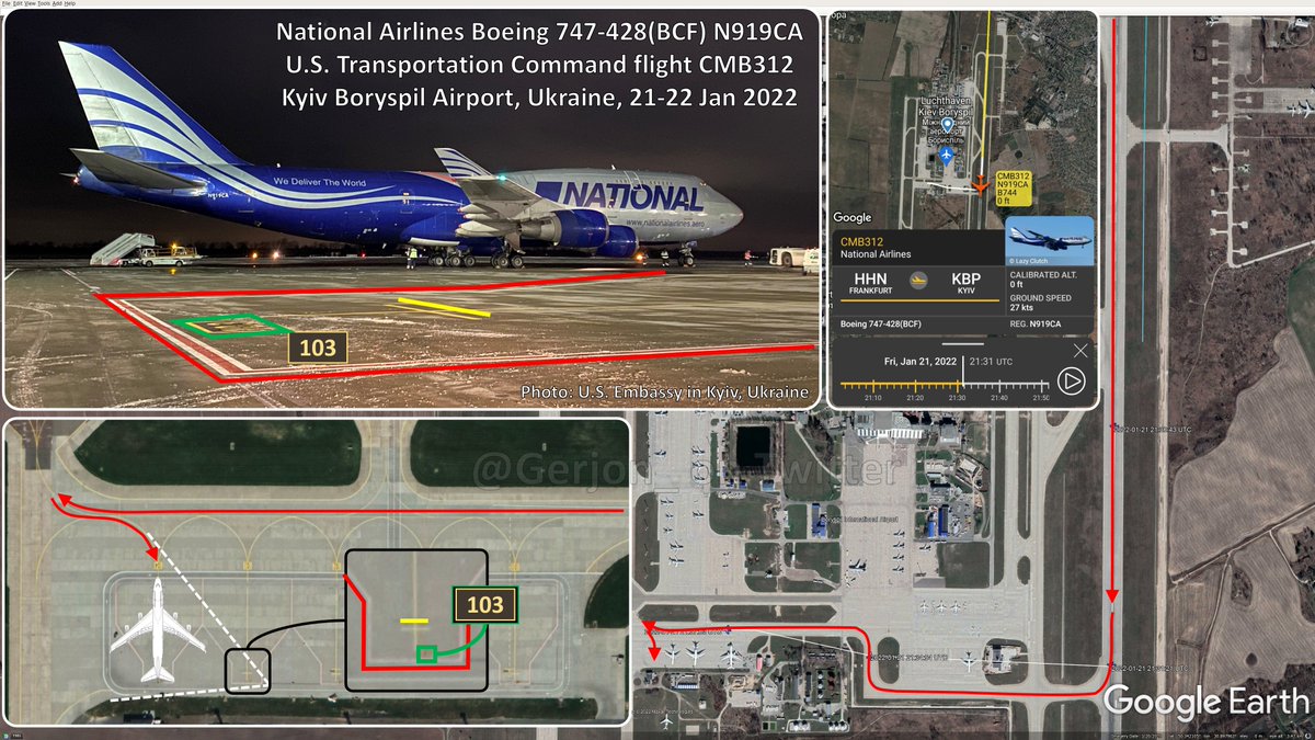 Gerjon_'s tweet photo. More U.S. parking adventures at 🇺🇦Kyiv Boryspil, Ukraine: Earlier, @SecBlinken was welcomed on the side of a taxiway.
Yesterday's 🇺🇸N919CA flight #CMB312 carried around 90 tonnes of lethal aid and parked backwards (nose-out) at parking stand 104, barely large enough to fit a 747. https://t.co/5pHW9XRXp9