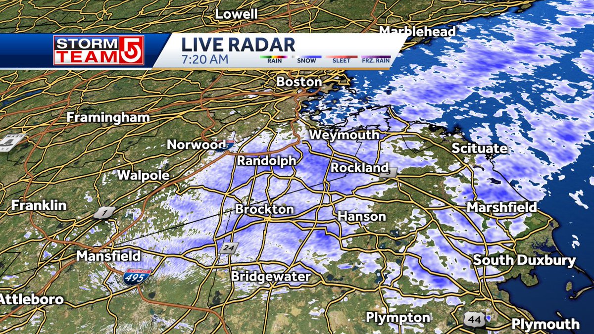kellyannwx's tweet photo. A band of ocean effect snow is extending farther inland right now, stretching from Hull southwest. Norwood, and other areas along I-95 are even seeing a few flakes!
Another band of snow is stretching from Scituate towards Plympton. #wcvb #oceaneffect #snow https://t.co/JQEarWHn98