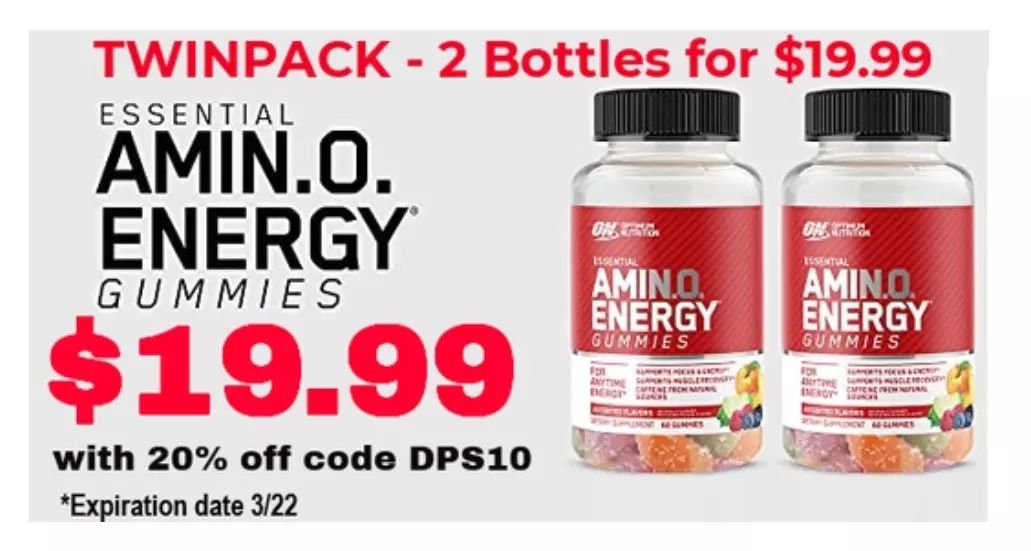 Get a twinpack of @Team_Optimum's https://t.co/UnV4Oev2Sz GUMMIES (expiration 03/2022) for only $19.99 at DPS Nutrition with coupon DPS10. 

Order now -> https://t.co/VZQFYfzsJV
- 5G of Amino Acids for Muscle recovery 

 #TrueStrength #OptimumNutrition https://t.co/TWt4eYWQkM