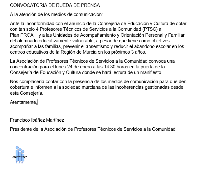 APTSCMURCIA's tweet photo. La Asociación de Profesores Técnicos de Servicios a la Comunidad convoca una concentración para el Lunes 24 de Enero a las 14.30 horas en la puerta de la Consejería de Educación y Cultura, donde se hará lectura de un manifiesto.
Os esperamos a todos y todas!
NO PARAMOS,NOS PARAN https://t.co/B1mkPOZ0wW
