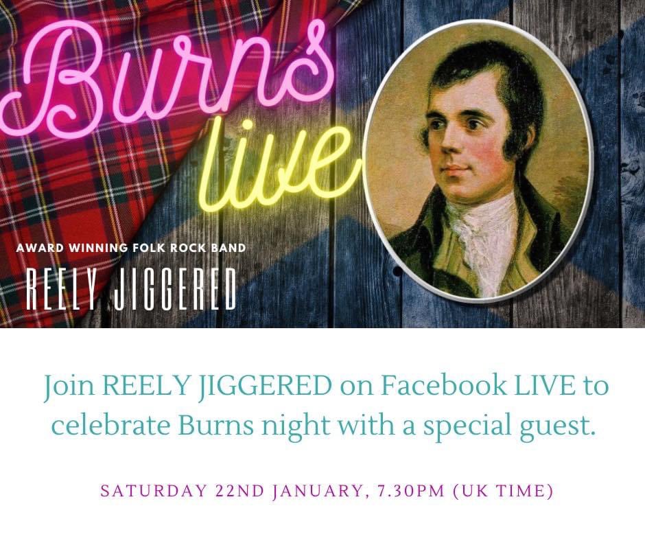 Join us at 7.30pm UK time for #BurnsNight special on #FacebookLive. There will be songs, haggis, poetry and a load of fun to be had by one and all! Facebook.com/reelyjiggered 

If you like what you hear, please consider making a little donation buymeacoffee.com

#folkrock
