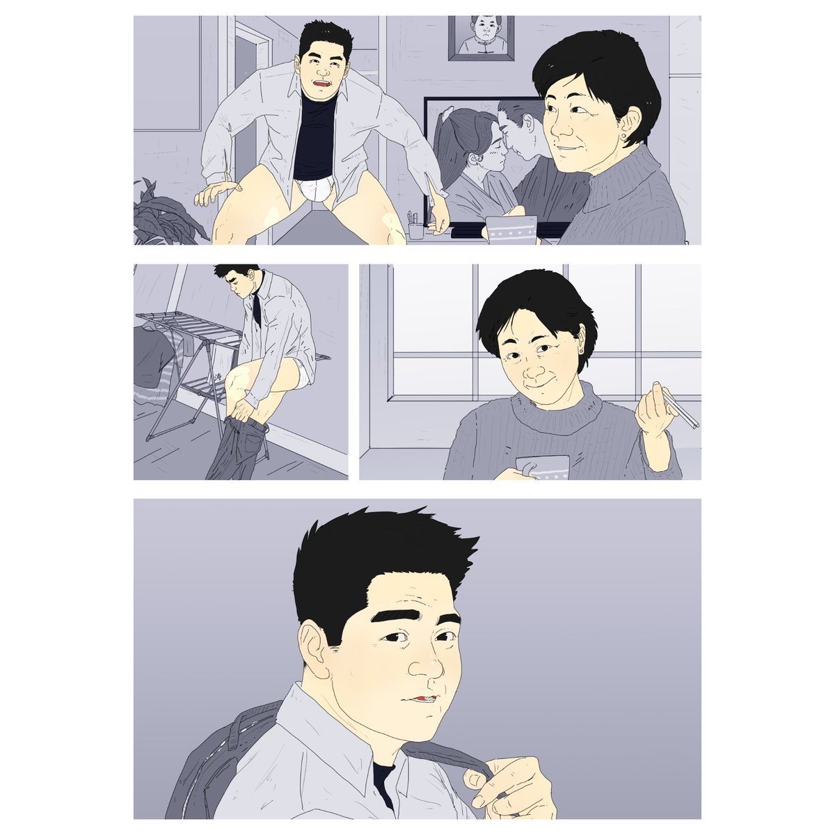 xiongbara's tweet photo. Ep.01-p.04
- mom, have you seen my pants?...
- they are hanging, drying.. 
- ok, i'm ready 
- don't let anyone see you
- i'm wearing clothes mom

---
•strange advice, right?

#xiongbara #gay #comig #dailylife #asian #student https://t.co/wfZzPg8Uy7
