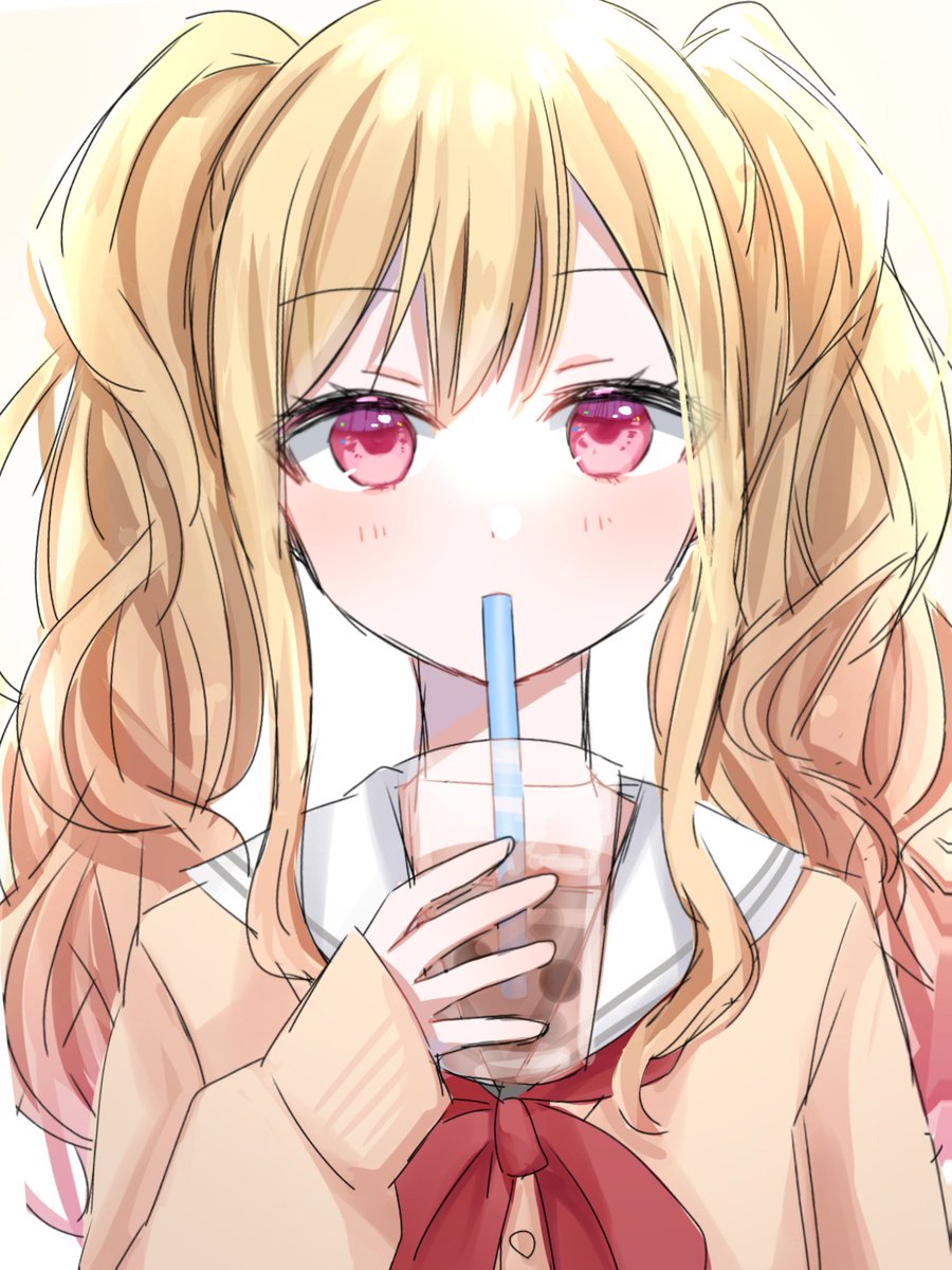 solo 1girl twintails blonde hair bubble tea school uniform drinking straw  illustration images