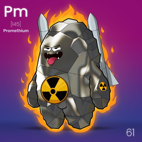 Our Promethium is on fireee!🔥

This radioactive Lanthanide is named after Prometheus, the Greek myth titan who stole fire from the gods and gave it to humans. Promethium is mostly used in research, but a small amount of it is also used in guided missiles
#NFT #NFTs #NFTcommunity