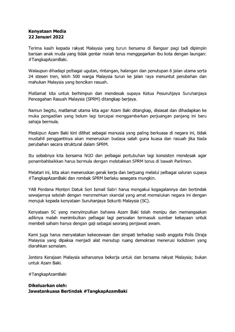 TangkapAzamBaki's tweet photo. Kenyataan Media:

22 Januari 2022 https://t.co/kbClBokQIx
