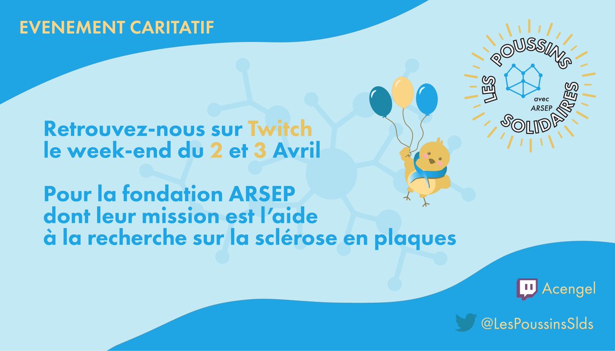On vous l'annonce officiellement ! Le prochain événement des poussins solidaires ! En l'honneur de la @FondationARSEP et qui aura lieu le week-end du 2 et 3 avril ! 
Notre logo s'est habillé aux couleurs de la fondation pour l'occasion ! 
N'hésitez pas à RT en masse !🐤