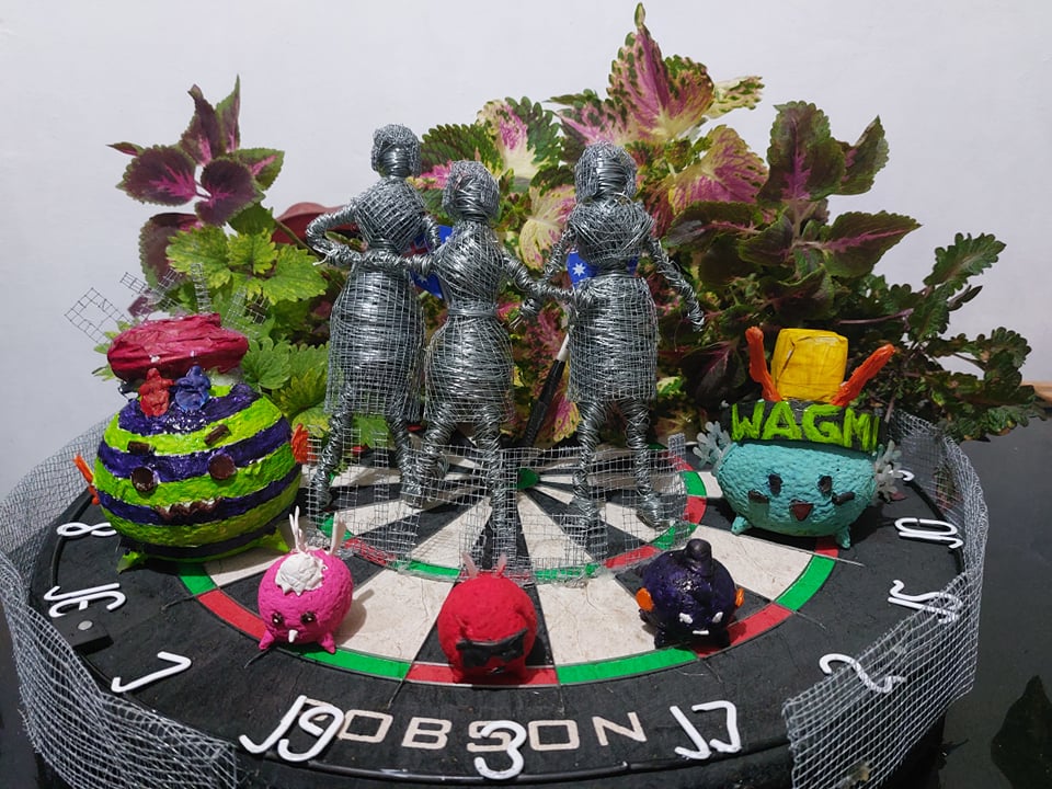AJBAUTI28069843's tweet photo. This fan art is made out of galvanized wire, axie sisters inspired with hand painted axies on it, each part and details of axies are made of stick glue. @Smartalecc5 

#wagmichallenge!
@AxieInfinity 
@creaticles 
@Jihoz_Axie 
@axiesisters https://t.co/e1Z9kHQdkB
