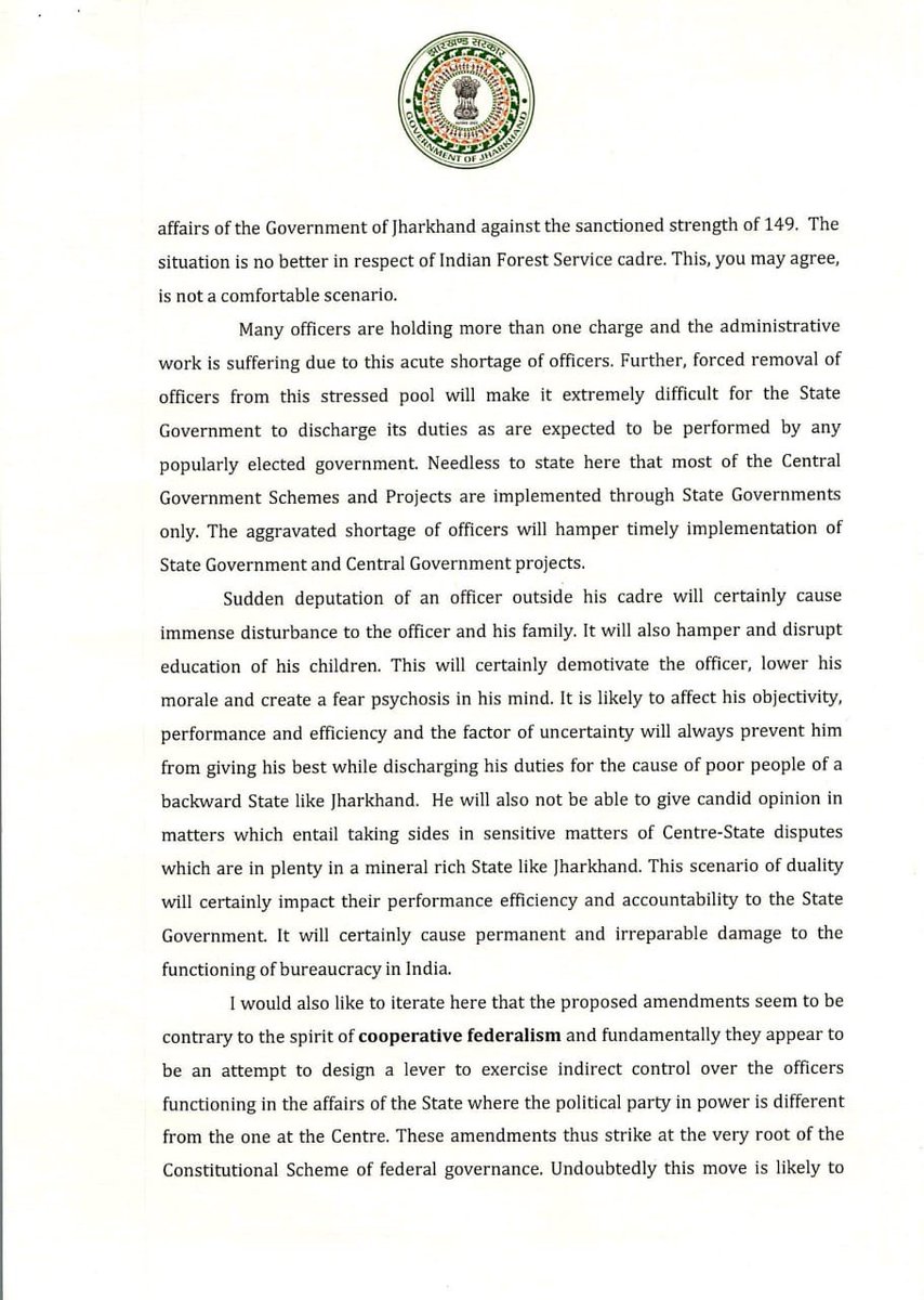 HemantSorenJMM's tweet photo. I have written to @PMOIndia expressing strong reservations on the proposed All India Services cadre rule amendments by Govt of India. They promote ‘unilateralism’ rather than ‘cooperative federalism’. I hope he will consider my request and bury the proposal at this stage itself. https://t.co/PXiz9MY52N