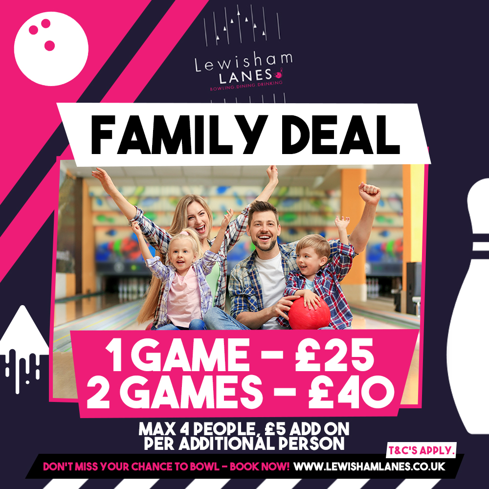 Make the most of your weekend by getting your hands on our family deal 👨‍👩‍👧‍👦

Treat your family to a game of bowling for £25 or get 2 games for only £40 🎳

Book your bowl with us: lewishamlanes.co.uk/bowling/ 📲

#LewishamLanes #Bowling #Lewisham #Party #LiveDJ #Afterschoolbowl #family