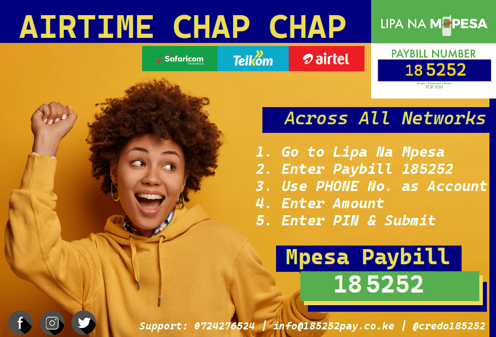 Reload your airtime across all Networks in Kenya (Airtel, Safaricom & Telkom) via Mpesa Paybill 185252. Simply.
➡️Go to Lipa Na Mpesa
➡️Paybill: 185252
➡️Put PHONE No. as Acc No
➡️Enter Amount.
➡️Enter PIN, & Submit

Earthquake #MwiziNiNani #MasculinitySaturday #MUNWHU #Kenya7s