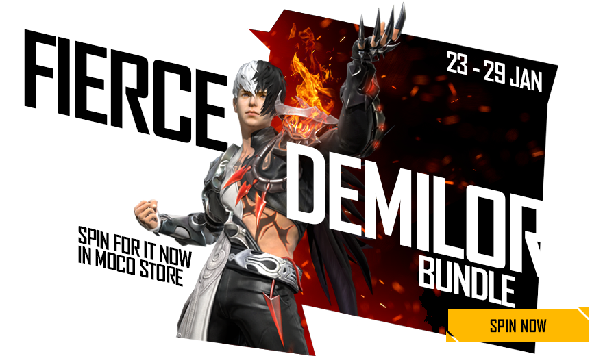 Survivors, The Moco store is back! And this time it has brought along some incredible items! Head to Moco Store now and spin for the spectacular Fierce Demilord Bundle! 😎 Available till 29th January.⏳ #FreeFire #IndiaKaBattleRoyale #Booyah