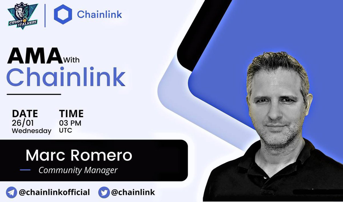 Zain_Onchain's tweet photo. 📢 We're thrilled to announce our next #AMA with @chainlink on 26th Jan at 3:00 PM UTC

📍 Venue: https://t.co/ITQvVELSsY…
〽️ Rules:
✅ Follow @StalkersCrypto &amp; @chainlink 
✅ Like &amp; Retweet
✅ Comment Questions &amp; Tag 3 Friends with BEP20 address https://t.co/gQzQncNbLJ