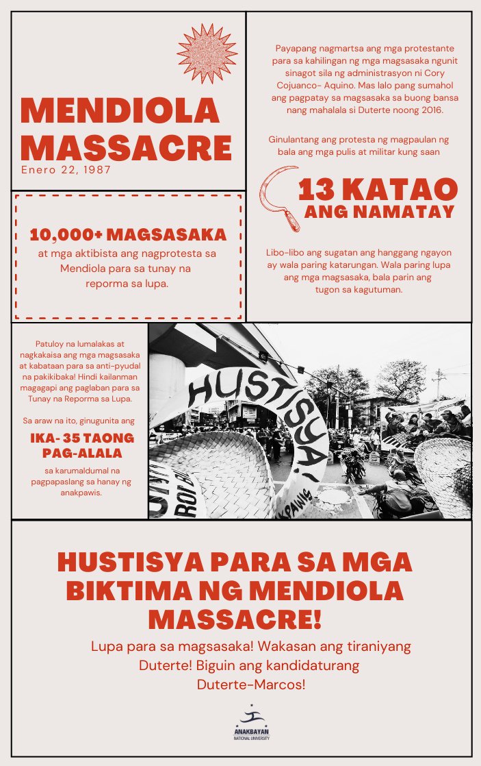ABNationalU's tweet photo. MENDIOLA MASSACRE: IKA-35 TAONG PANININGIL SA HUSTISYA.

Ang laban ng sambayanang Pilipino ay mahigpit na nakaugat sa suliranin at pakikibaka ng magsasaka. https://t.co/E7pT7tK9Qr