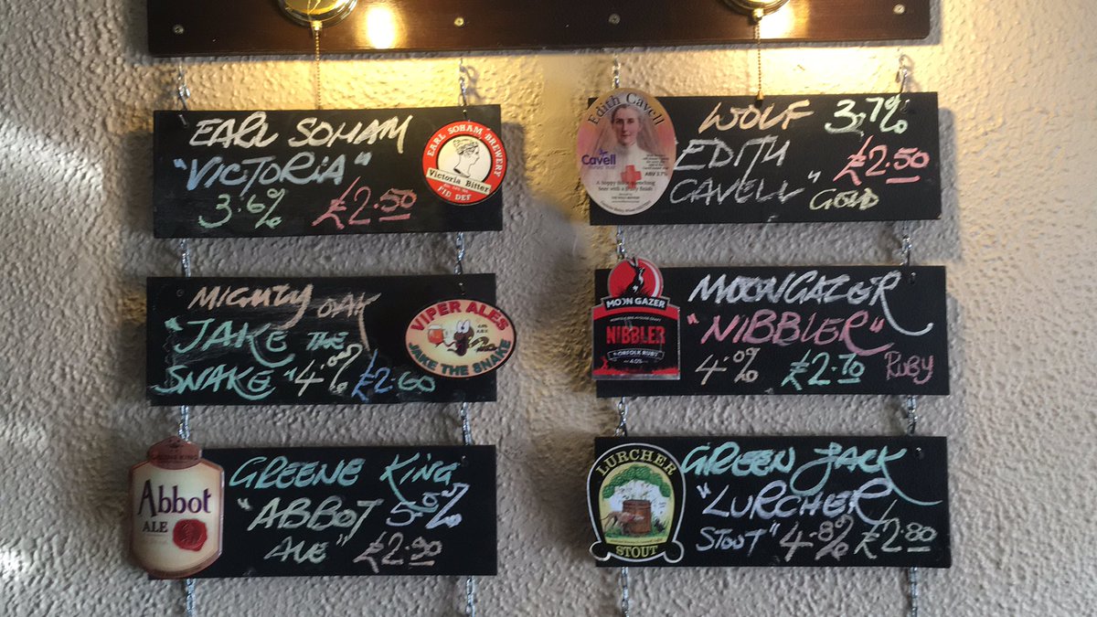 Nice lunchtime session her today <a href="/MightyOakBrew/">Mighty Oak Brewing</a> Jake The Snake just on and very very nice. <a href="/BreweryEarl/">Earl Soham Brewery</a> Victoria, loads of flavour and only 3.6%, absolute bargain. Ramekin of nuts still only 70p &amp; the full range of <a href="/FairfieldsFarm/">Fairfields Farm Crisps</a> crisps, also only 70p