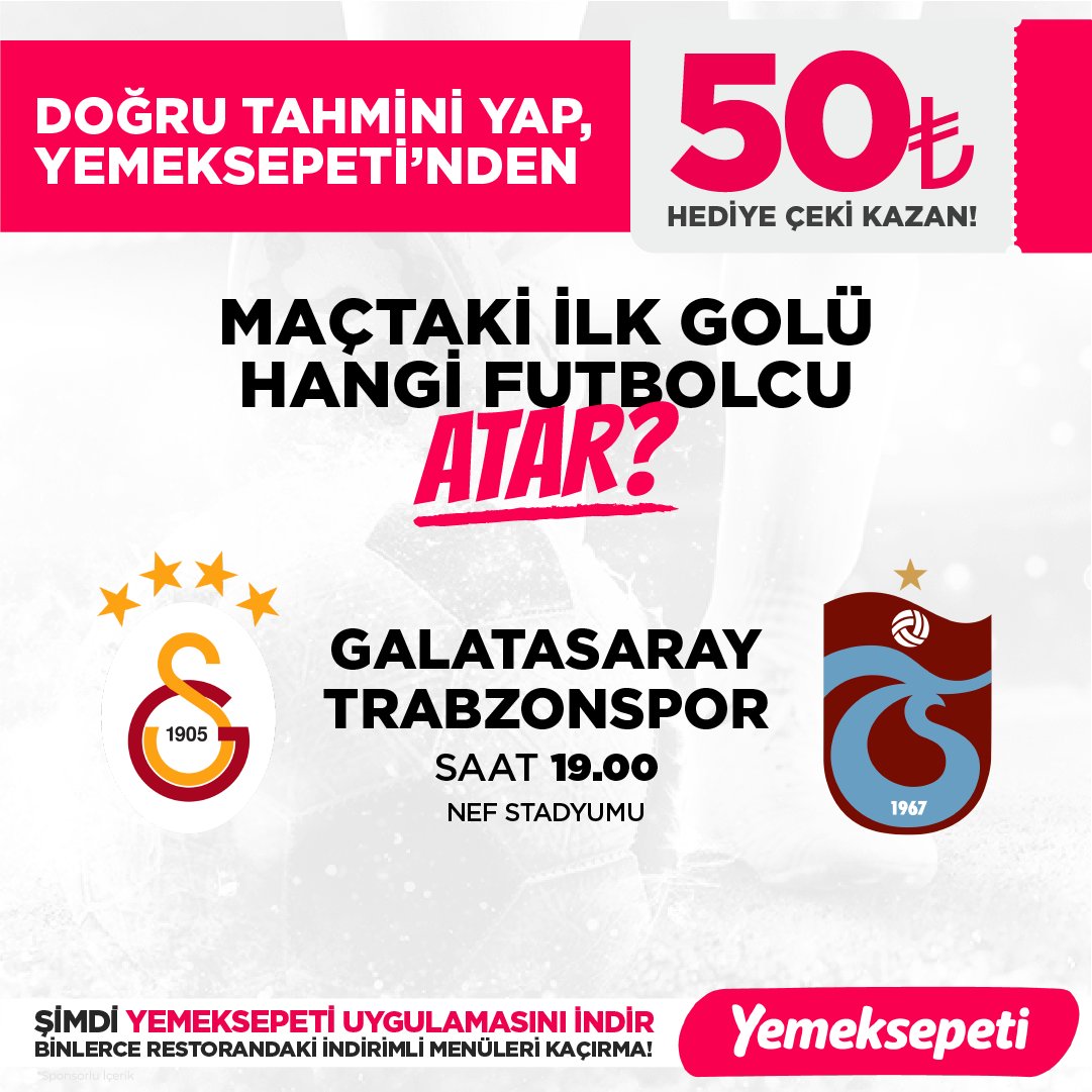 🎁 Doğru tahmin yapan 3 kişiye <a href="/yemeksepeti/">Yemeksepeti</a>'nden 50₺'lik indirim kuponu fırsatı!

👀 İlk golü hangi futbolcu atar? #GSvTS
✍🏻 Yorumunu bırak!
🔁 Tweeti RT'le!
👊🏻 <a href="/SportsDigitale/">Sports Digitale</a>'i takip et!
🤩 Çekilişe katıl!