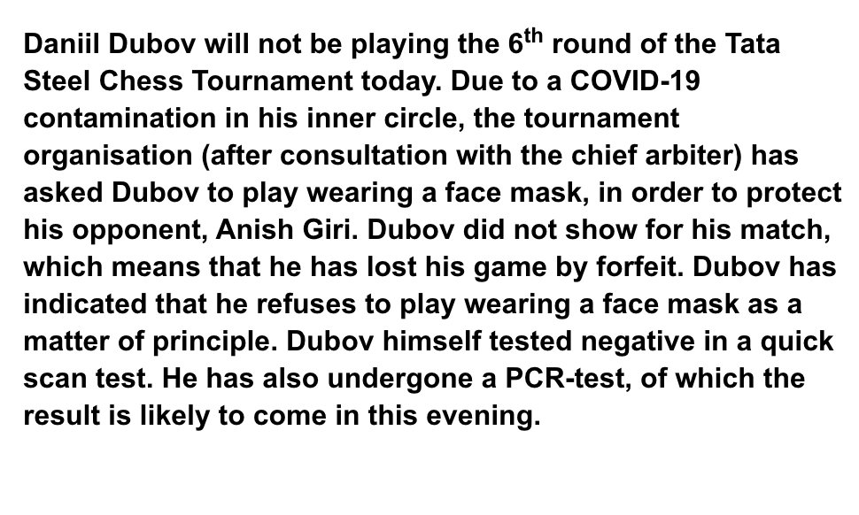 Dubov Forfeits a Game After Refusing To Wear a Mask in Tata Steel