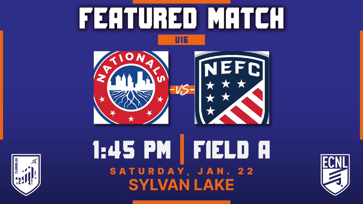 Featured Match 1️⃣
<a href="/SoccerNationals/">⭐️ Nationals Soccer Club ⭐️</a> 🆚 <a href="/NEFC_US/">NEFC</a> 
⌚️ 1:45pm 
📍 Sylvan Lake - Field A
📱 bit.ly/3tUSwUN
#️⃣ECNLFL

Follow this 🧵 for game updates and our IG for takeovers