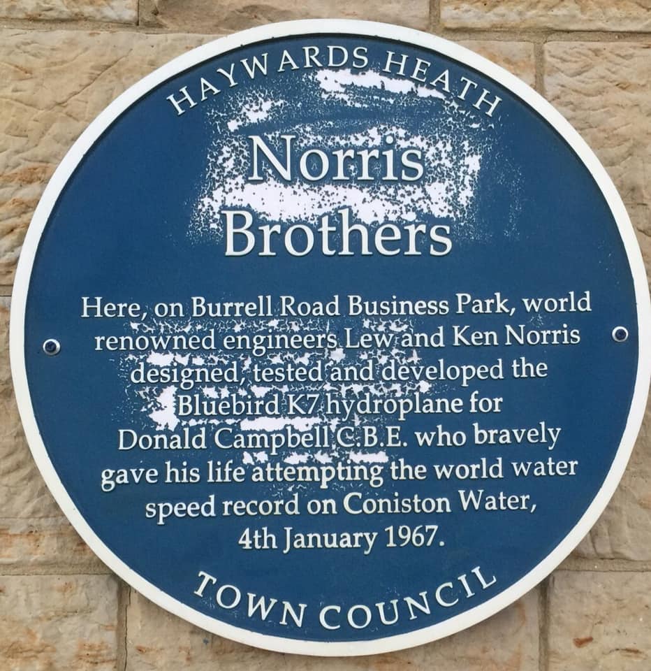 LancingMarine's tweet photo. Care of @JohnTwisleton on FB. Engineers Lew and Ken Norris plaque in Burrell Road Haywards Heath UK. Commeroating the brothers’ pioneering work on jet engines including Bluebell K7 for Donald Campbell C.B.E. Connections #BlueBird Marine &amp;  #Castoldi. https://t.co/JGLDl79r9j
