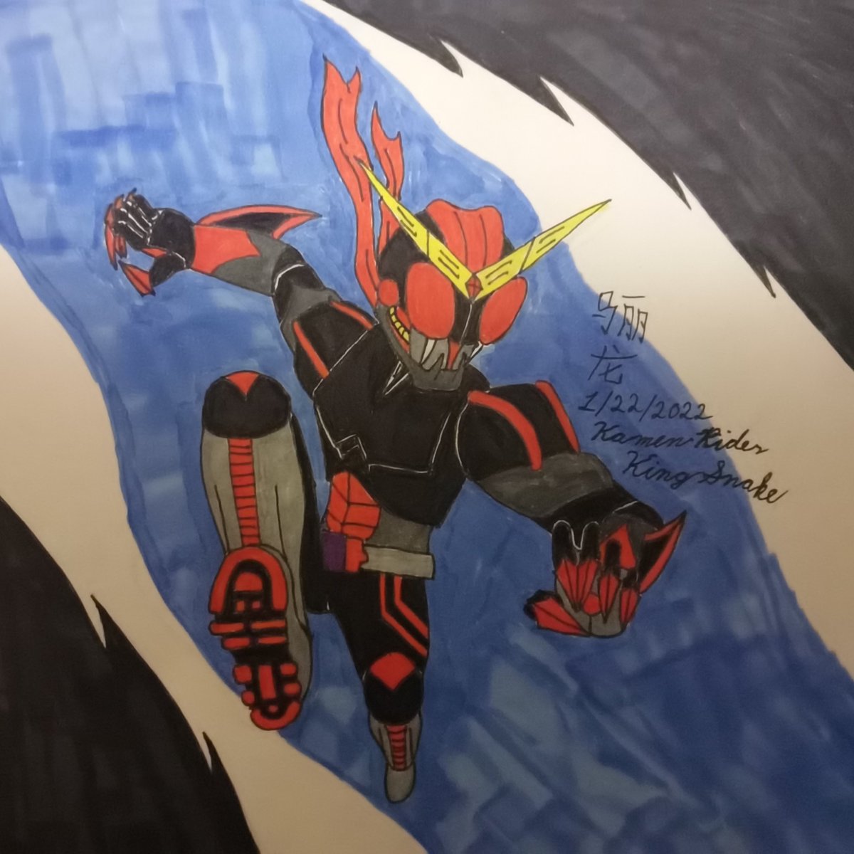 NinjaEVX's tweet photo. Day 22 of my #NewYearsResolution in finishing a #drawingPerDay. I drew up my #KamenRiderOC, Kamen Rider King Snake. Still improving on my colouring skills.
#art #characterdesign #characterart #KamenRider #ocart #tokusatsu https://t.co/IY0W7pPIdV